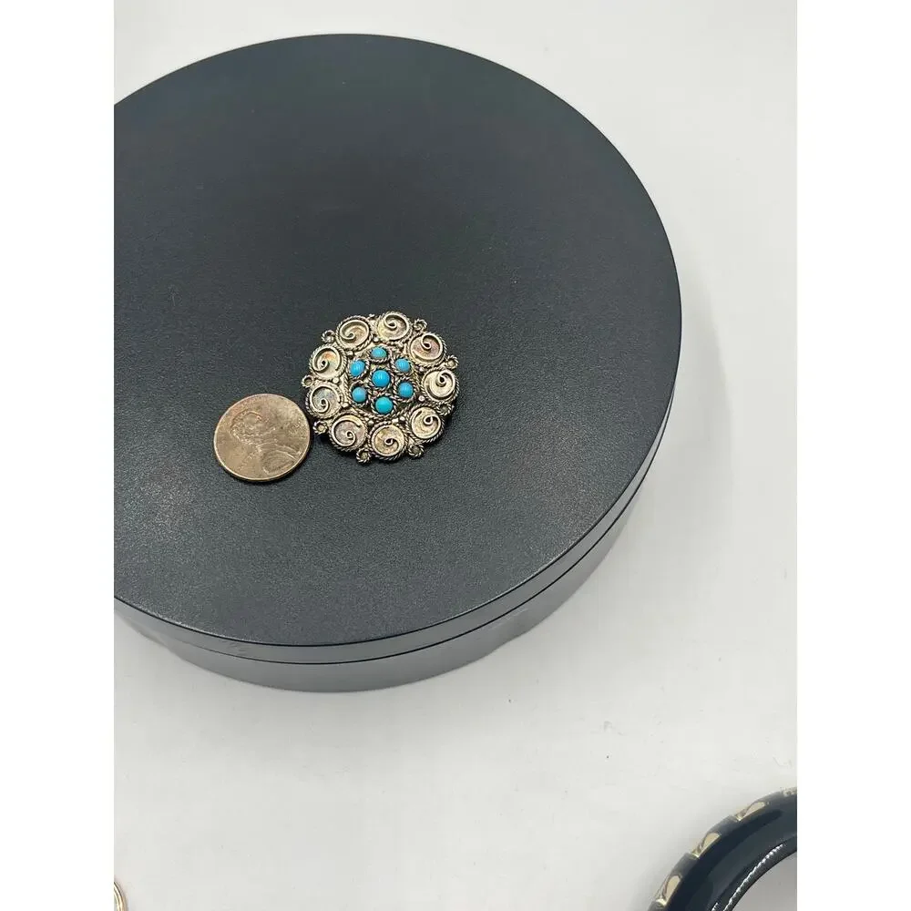 Israel Vintage 935 Argentium Sterling Filigree Turquoise Gemstone Brooch Pendant